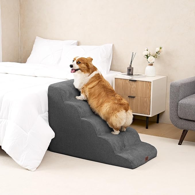 EHEYCIGA Curved Dog Stairs Ramp, 5-Step Extra Wide High Beds, Pet Step | 33D density of pure foam, for Small Dogs and Cats, Pet Stairs for High Bed Climbing, Non-Slip Balanced Pet Step Indoor, Grey