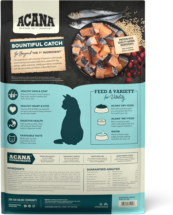 ACANA Dry Cat Food Bountiful Catch Salmon Catfish and Herring 10lb Bag | High Protein, Includes Probiotics, Omega-3 Fatty Acids, Digestive Health, Global Quality Ingredients