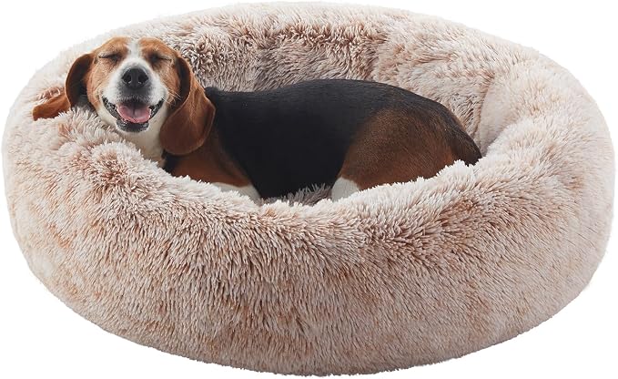 33 in Faux Fur Fluffy Donut Dog Bed for Medium Plus Dogs,Brown | Calming Plush Round Pet Bed with Removable & Washable Cover,Fits up to 65 lbs Pets