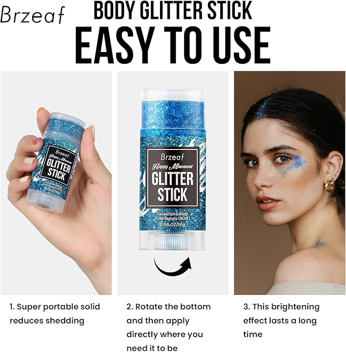 Brzeaf Waterproof Blue Glitter Stick, Christmas Festival Rave Accessories, Safe Ingredients & Long Lasting, Hair Eyeshadow Face Glitter Stick, Singer Concert Music Rave Festival, Glitter Makeup