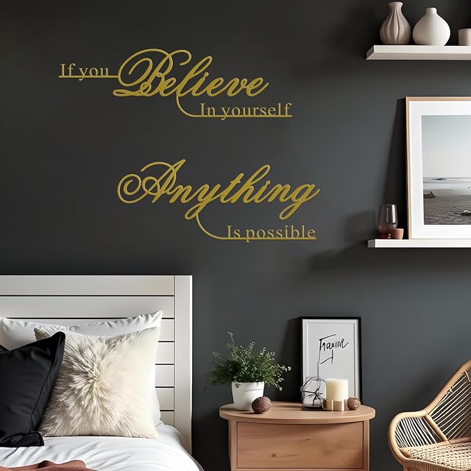 Resama If You Believe in Yourself,Anything is Possible Wall Art Decor 2 Pcs Metal Inspiration Encouragement Wall Art Sayings Black Inspirational Quotes Hanging Decoration(Gold)