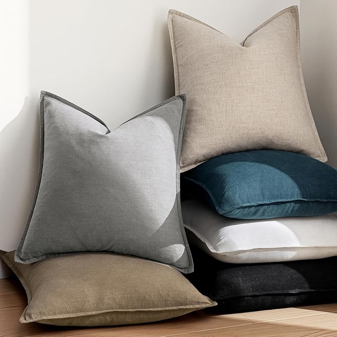 EMEMA Decorative Linen Throw Pillow Covers 20x20 Inch Cream | Boho Farmhouse Neutral Couch Throw Pillows for Bed Pack of 2 Accent Pillowcase Modern Sofa Cushion Livingroom Home Decor