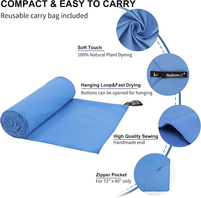 Rainleaf Microfiber Towel Perfect Travel & Gym & Camping Towel. Quick Dry - Super Absorbent - Ultra Compact - Lightweight. Suitable for Trip, Beach, Shower, Backpacking, Pool