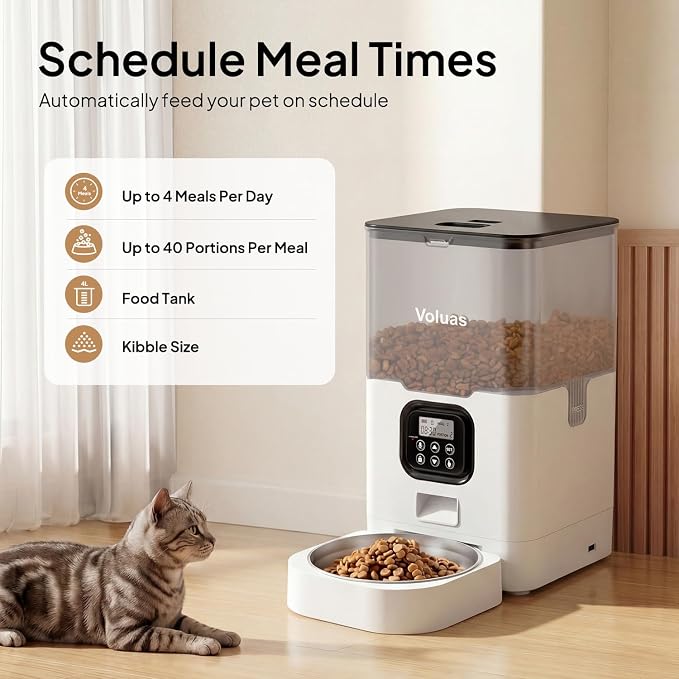 VOLUAS Automatic Cat Feeder, 6L Timed Dry Food Dispenser for Cats & Dogs | Programmable Portion Control, Up to 4 Meals Daily, Dual Power Supply, Power-Off Memory, 10-Second Voice Recorder