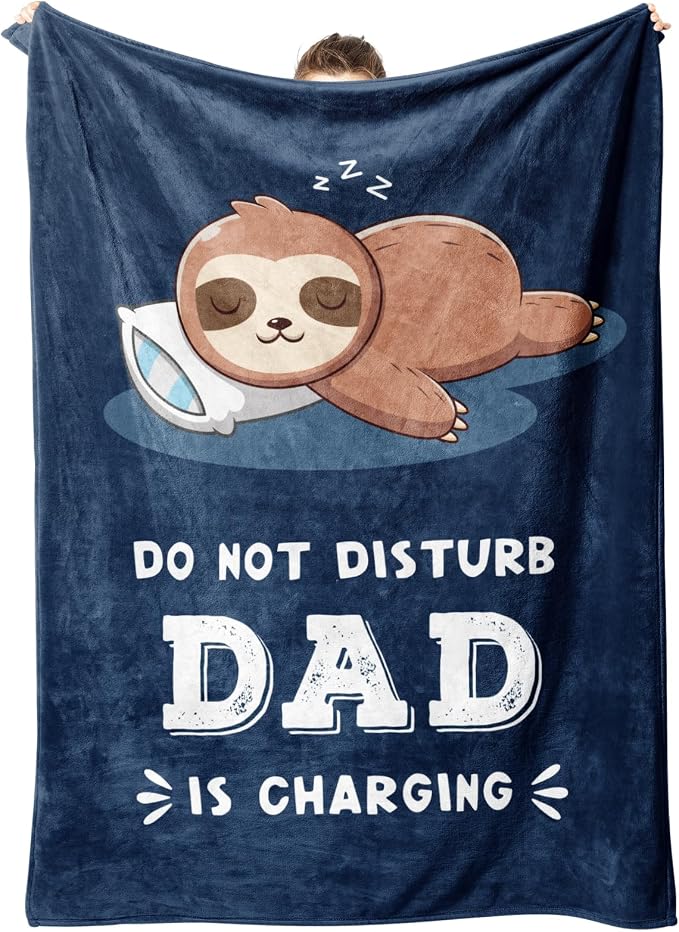 Leebbsin Funny Gift for Dad, Dads Birthday Gift from Daughter Son | Dad is Charging Sloth Blanket 60" x 50", Blue, Dads Gifts for Fathers Day Christmas, Soft Sloth Throws Blanket for Father