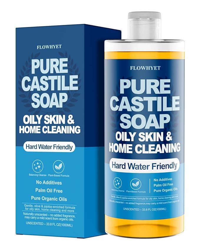 Pure Castile Soap Liquid Unscented 33.8 fl oz, EWG Verified Organic Body Wash，Bath Soap Castile Liquid, Hard Water Friendly for Sensitive & Oily Skin for Body，Face, Hand, Home Cleaner 1L