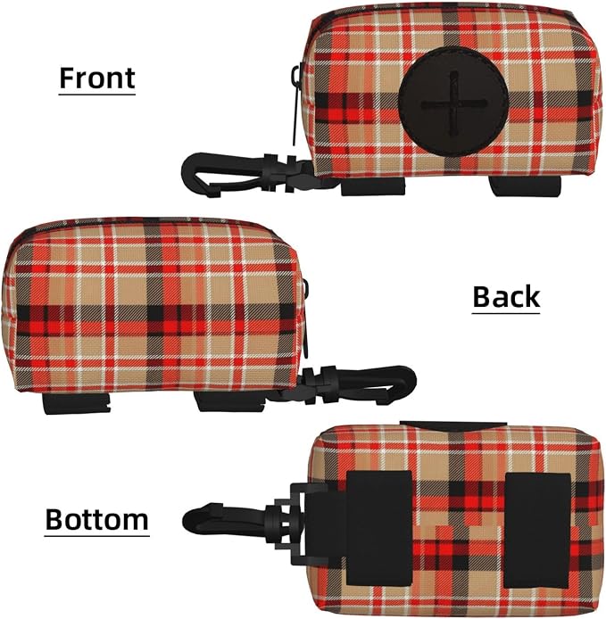 Dog Waste Bag Dispenser Pet Poop Bags Holder Zipper Red Beige Tartan Plaid Pattern Small Doggy Puppy Pouch for Leash Accessory