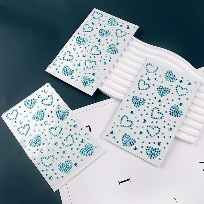3 Sheers Heart Face Gems Sticker Light Blue Self Adhesive Rhinestone Sticker Acrylic Heart Face Jewels Bling Jewels Crystal Body Makeup Rhinestone Stickers for Valentines Day Decal Decor