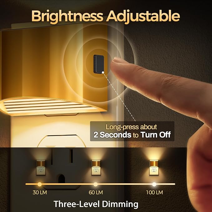 Night Light, Night Lights Plug into Wall, Adjustable, 3000K | 3 Level Brightness Adjustable Night Light, Dusk to Dawn Sensor, Nightlights for Adults, Bedroom, Bathroom, Hallway, 2 packs