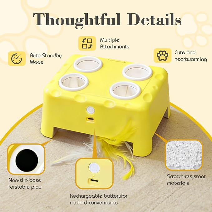 Cheese Box Interactive Cat Toy for Indoor Cats, 3-in-1 Whack a Mole Feather Toy, 3 Modes Rechargeable Auto Cat Toys for Bored Cats, 4 Holes Kitten Toy, 4 Accessories