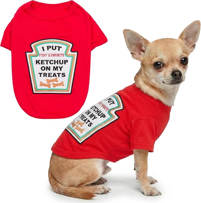 Parisian Pet Ketchup Dog Costume - 100% Cotton Red Dog Clothes for Small Dogs Boys - Lightweight and Breathable Puppy Outfits - Funny Chihuahua Clothes - Cute Pet Shirt - Stretchy T Shirt for Dogs
