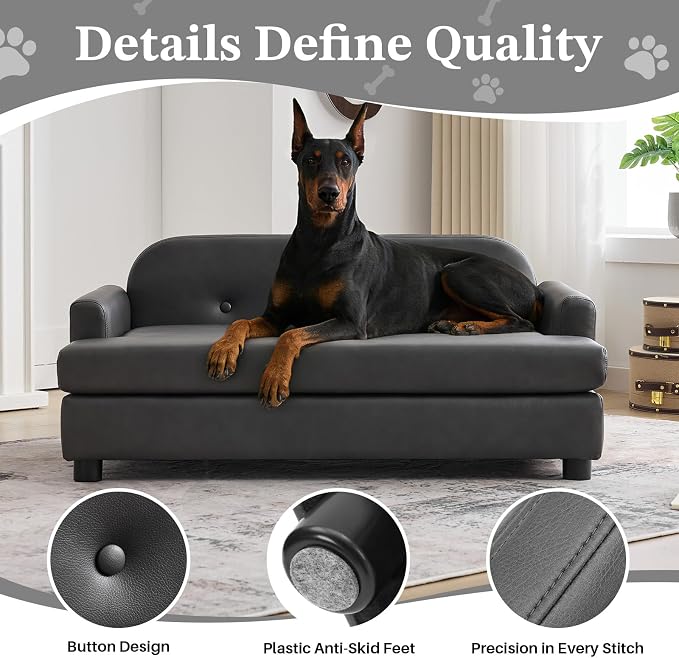Luxury Dog Sofa Bed Elevated Pet Couch with Durable Waterproof Leather | Dog Couch with Orthopedic Sponge, Modern Furniture Style Dog Lounge & Pet Bedside Step, for Medium/Large Dogs, Gray