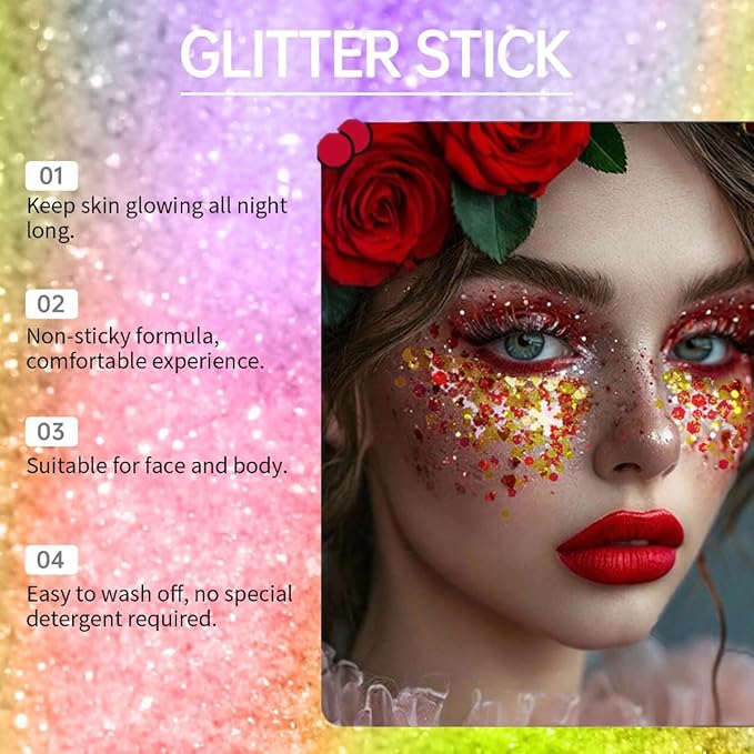 Body Glitter Stick, Sparkling Neon Outfit Holographic Sequins Glitters for Eye Lip Hair Nails Face and Body Glitter Gel Makeup (Gold &White& Red)