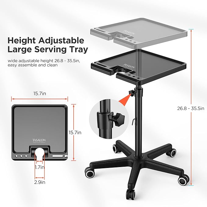 TASALON Ultimate Salon Tray on Wheels,Tray Cart with 2 Magnetic Bowls Irony Tattoo Table Station Rolling Tray with Hair Stickless Wheels,Chemical-Resistant Hair Stylist Instrument Tray,Tray for Dyson