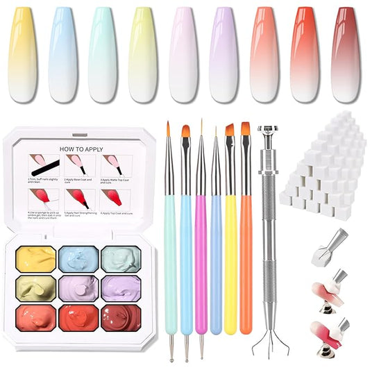 Christmas Gel Polish, 9 Colors Ombre Patting Gel Nail Polish Palette, 100 Sponges 6 Brushes 1Grabber, Blending Color Gradient Painting Nails Art, No Wipe, UV/LED Cured (Set 01)