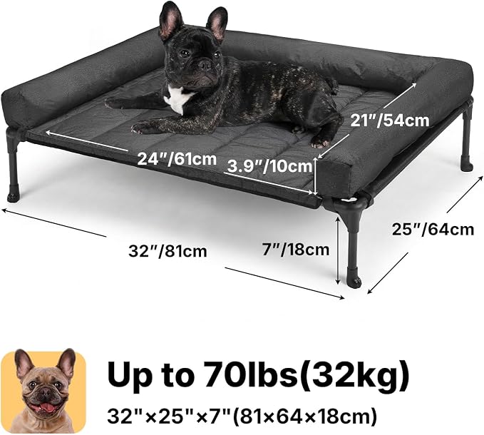Veehoo Outdoor Elevated Dog Bed with Waterproof Bolster Cushion, Cooling | Raised Dog Bed with Removable & Washable Mat Topper, Breathable Mesh, Dog Couch Cot for Indoor Outdoor, 32", Medium, Black