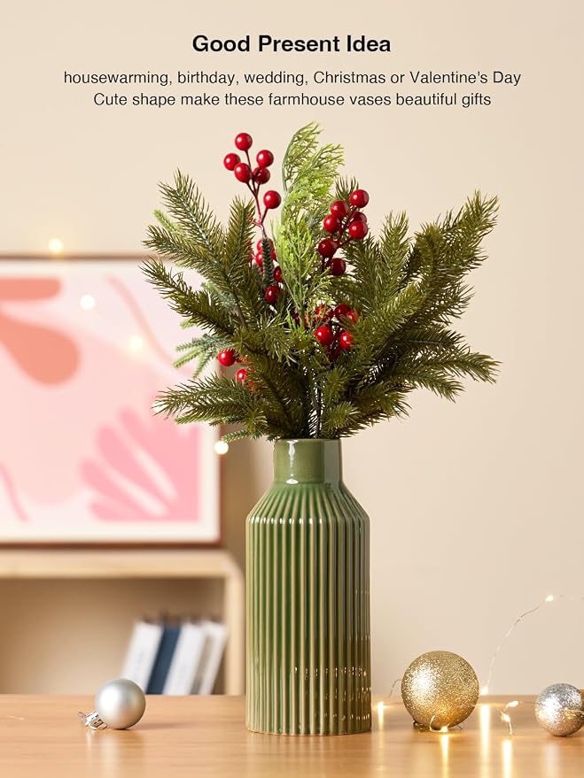 STHIE 8 Inches Ceramic Flower Vase, Green Vases for Centerpieces | Flambé Reactive Glaze,Minimalist Modern Home Decor, Pampas Grass Vase for Table, Fireplace, Shelf, Mantel, Entryway