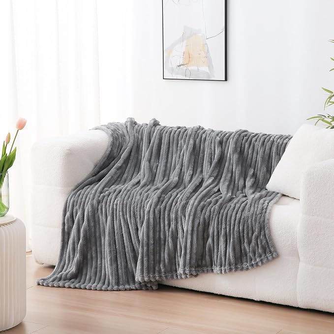 Grey Fleece Throw Blanket 50”×60” for Couch Sofa Livingroom | Super Soft Cozy Plush Microfiber Flannel Bed Blanket Striped Design Lightweight Home Decor Gifts for Adults Mom Women