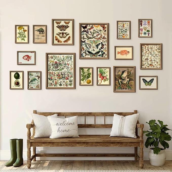 16 PCS Framed Vintage Wall Art Decor, Botanical Cottagecore Wall Prints for Bedroom, Gallery Wall Frame Set, Farmhouse Posters for Living Room Aesthetic, Rustic Dorm Home Collage Kit