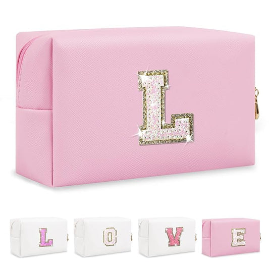 Small Personalized Initial A-Z Patch Makeup Bag,Pink Cute PU Leather Glitter Letter Cosmetic Bag for Teen Girls,Travel Toiletry Bag with Zipper,Preppy Monogrammed Birthday Gift for Daughter Niece L