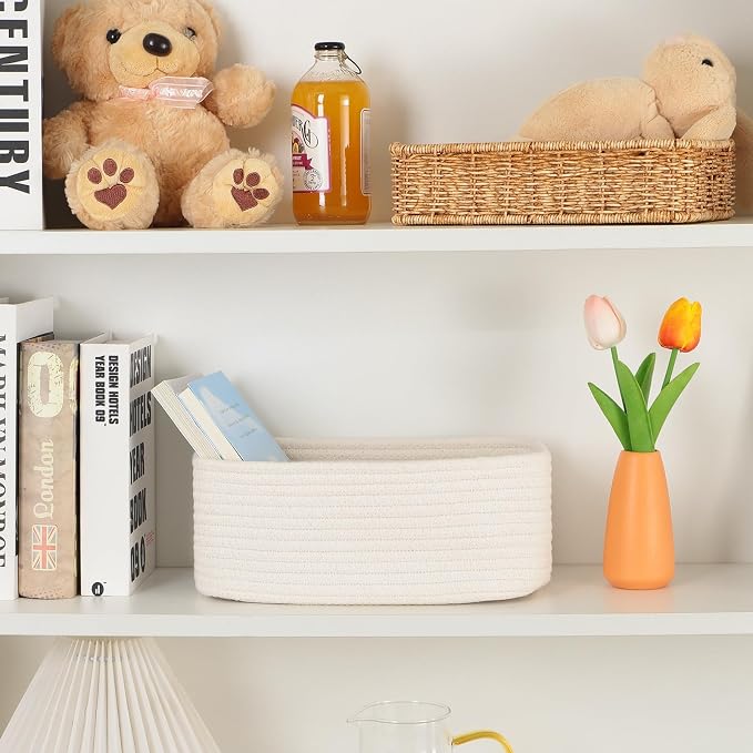 MiniArk Small Storage Baskets for Organizing | Closet Organizer Bins | Shelf Toy Basket | Woven Rope Baskets | Cube Decorative Box | Shallow Basket | 11.5x7.5x4.7” | 3 Packs Off White