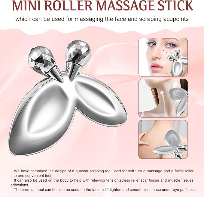 erdnretl Gua Sha Facial Tools and Face Roller Set, Stainless Steel Facial Sculpting Eyes Roller Guasha for Face, Chin & Jawline Sculpting,Skin Care (Stainless Steel)