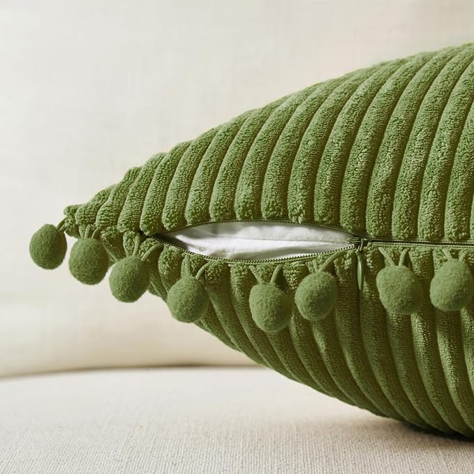 Fancy Homi Pack of 2 Moss Green Decorative Throw Pillow Covers with Pom-poms, Soft Corduroy Solid Square Cushion Cases Set for Couch Sofa Bedroom Car Living Room (18x18 Inch/45x45 cm, Moss Green)