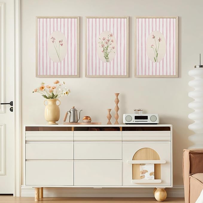 Pink Flower Wall Art Striped Floral Prints Botanical Canvas Wall Decor Aesthetic Pictures Pastel Pink Floral Poster Minimalist Flower Painting for Girl Room 12x16 Inch Framed Set of 3