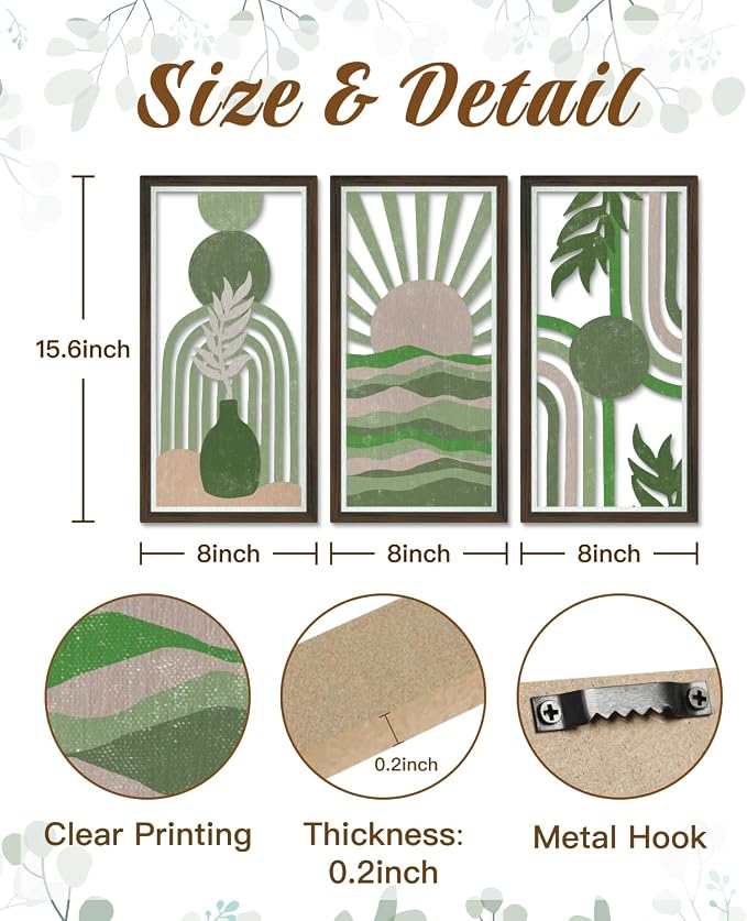 Putuo Decor Abstract Boho Wall Art Set of 3, Modern Geometric Design with Green, Pink, and Beige Tones for Living Room Bedroom Office, Minimalist Wooden Panel Decor