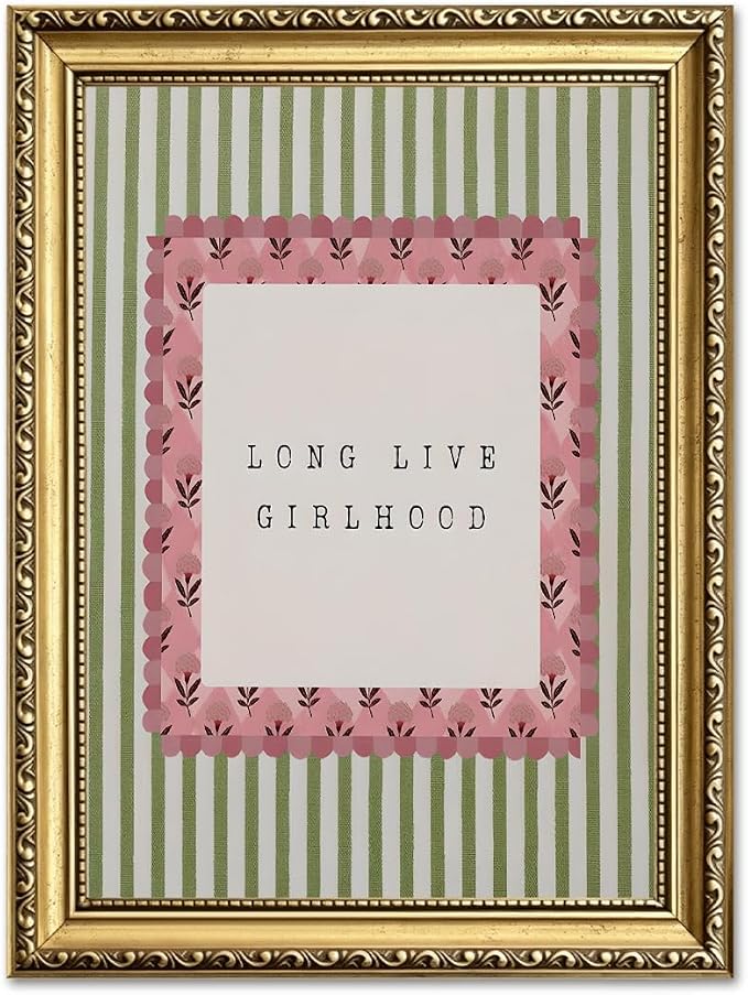Long Live Girlhood Wall Art Vintage Girl Nursery Wall Decor Picture, Pink and Green Striped Baby Girls Poster Canvas Print Painting Artwork for Living Room Bedroom 12x16 inch Gold Framed
