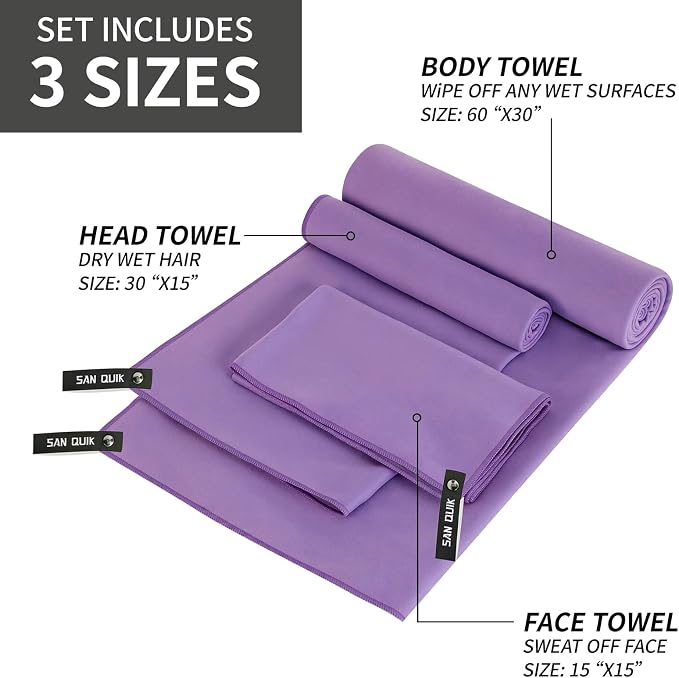 Quick Dry Camping Towel with EVA Case, Microfiber Travel Towel 3 Size at 1 Pack, Super Absorbent Lightweight Fast Drying Towel Set for Beach, Gym, Sports, Backpacking, Yoga & Swimming Pool, Purple