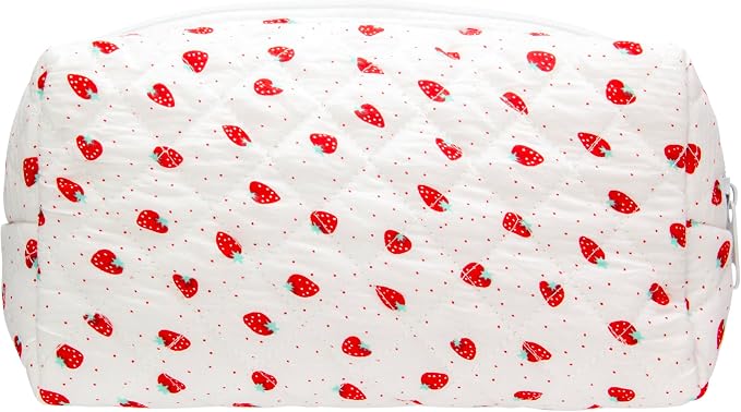 PAZIMIIK Small Quilted Makeup Bag,Zipper Cosmetic Pouch,Strawberry | Lightweight Cosmetic Bag Organizer for Women,Purse Storage Holds Makeup,Toiletries,Skincare,Beauty Essentials,Travel Items