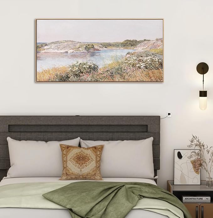 DJSYLIFE Vintage Meadow and Pond Framed Wall Art, Farmhouse Landscape | 20x40 inch Canvas Prints, Impressionist Style, Ready to Hang, Countryside Decor for Living Room, Bedroom, Above Bed