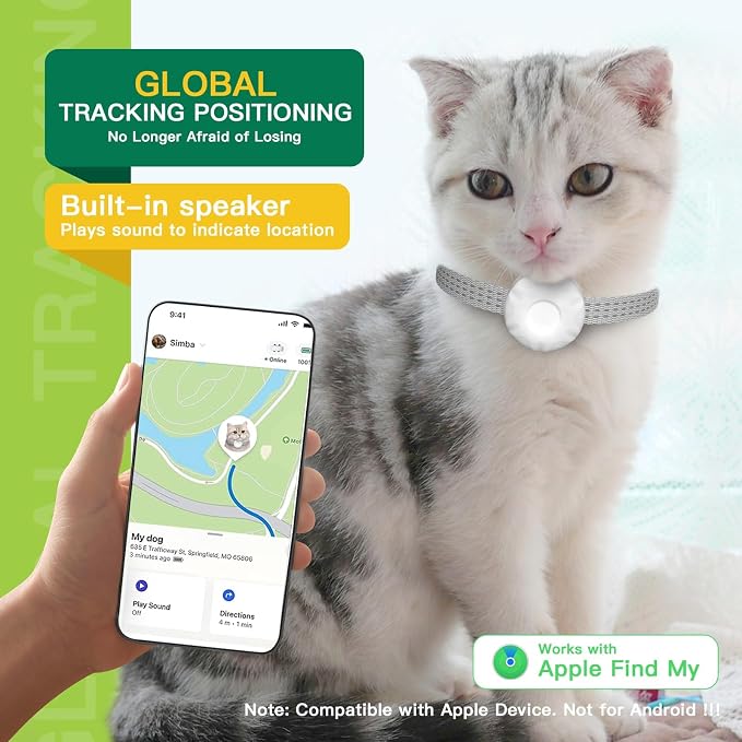 Cat Tracker Collar No Monthly Fee(iOS Only),Waterproof Pet Tracker for Cats with Safety Elastic Buckle,Compatible with Apple Find My App not for Android,White