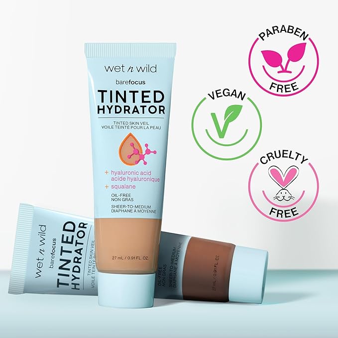 wet n wild Bare Focus Tinted Hydrator Tinted Skin Veil, Lightweight Buildable Coverage with Hyaluronic Acid & Vegan Squalane, Semi-Matte Finish, Cruelty-Free -Tan Medium Deep
