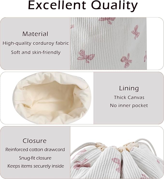 RSRSLEII Aesthetic Corduroy Drawstring Makeup Bag, Cute Coquette Drawstring Cosmetic Bag with Canvas Lining, Pink Bow Pattern Travel Makeup Organizer Case for Women Girls (08 White Pinkbow)