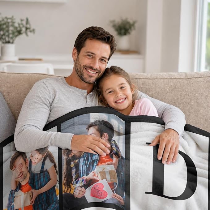 Fathers Day Birthday Gift for Dad Custom Blanket with 6 Photo & Text, Personalized Blankets with Picture to My Dad, HD Printing Customized Flannel Throw Blanket Gifts for Best Daddy Grandpa Ever