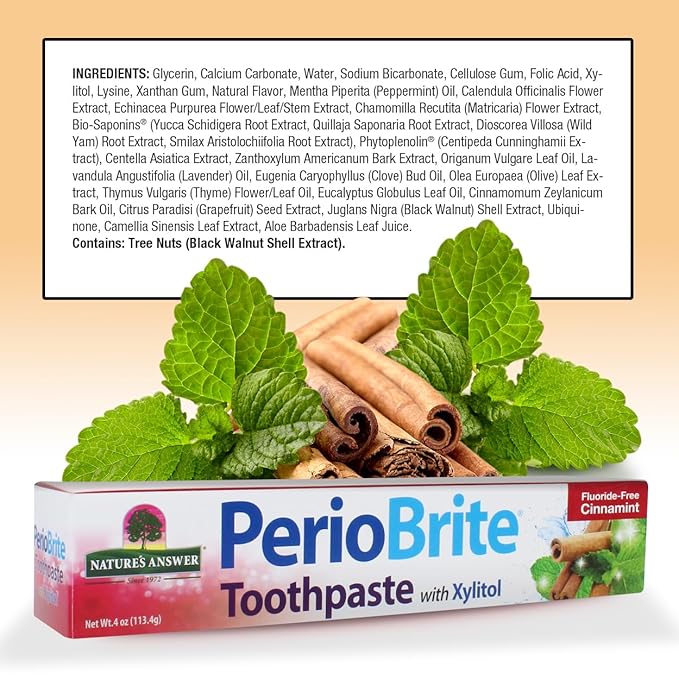 Nature's Answer PerioBrite Toothpaste, Cinnamint, 4-Ounces Fluoride Free with CO Q10 | for Sensitive Teeth | Whitens Teeth | Freshens Breath | Minimizes Dry Mouth