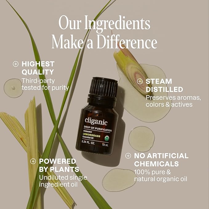 Cliganic USDA Organic Lemongrass Essential Oil - 100% Pure Natural Undiluted, for Aromatherapy Diffuser | Non-GMO Verified