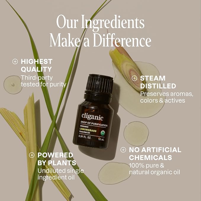 Cliganic Organic Lemongrass Essential Oil, 1oz - 100% Pure Natural Undiluted, for Aromatherapy Diffuser | Non-GMO Verified