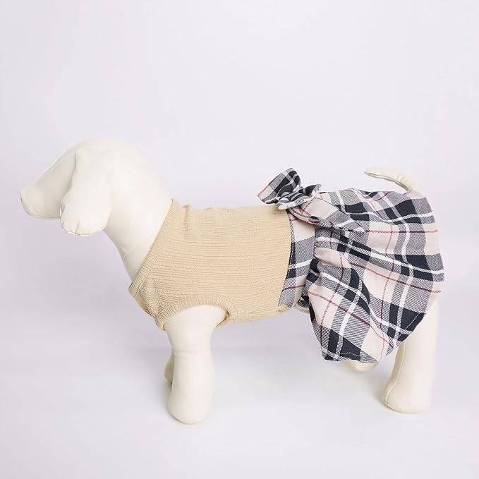 PUPTECK Cute Soft Plaid Dog Dress with Bow Puppy Skirt Clothes Beige XS | Breathable Lightweight Adorable Puppy Doggie Pet Clothes Outfits Apparel Costume for Small Medium Large Dogs Girl