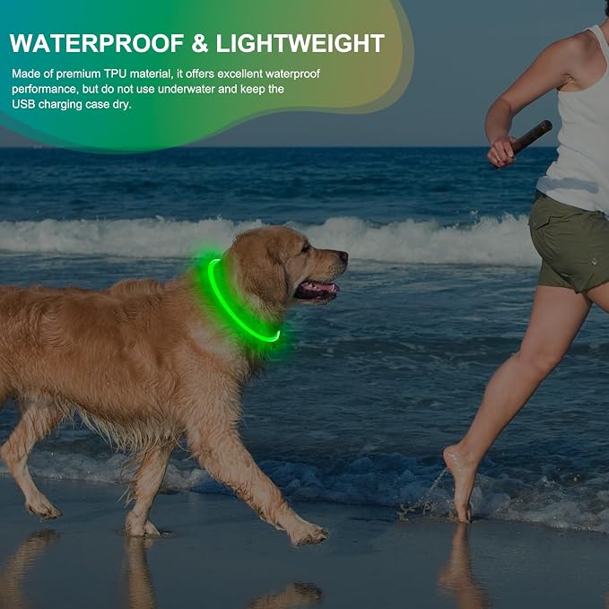 Led Dog Collar - Waterproof Lighted Pet Collar Rechargeable for Night, TPU Cuttable Light Up Doggie Collar for Small, Medium, Large Dogs Walking (Green)