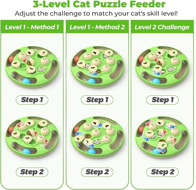 Cat Puzzle Feeder, 3 in 1 Interactive Cat Treat Puzzle Toy with Track Balls, Feather Teaser & Slow Feeder Insert, Non-Slip Base, Level 3 Mental Stimulation Enrichment Toy for Bored Indoor Cats