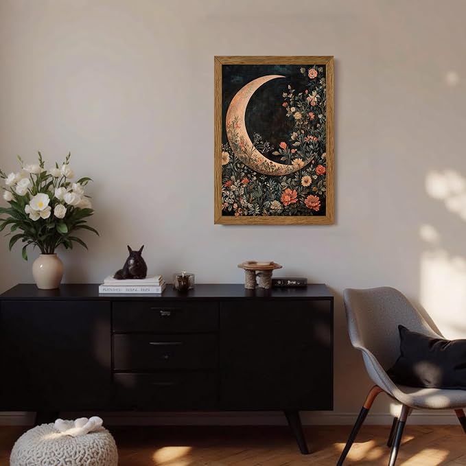JLTULT Floral Moon Wall Art, Gothic Botanical Framed Canvas, 16 x 24 In | Dark floral moon art on fade-resistant canvas with a ready-to-hang wood frame for bedrooms, living rooms and bathrooms