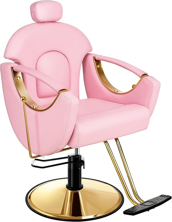 Baasha Ergonomic Reclining Salon Chair with Adjustable & Removable Headrest, Gold & Pink Hydraulic Styling Chair, Soft PU Leather, 135° Recline, 360° Swivel, Heavy-Duty Steel Frame, 330 lbs Capacity