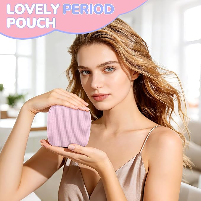 Corduroy Period Pouch Small Discreet Period Bag Sanitary Napkin Storage Bag Cute Menstrual Pad Pouch Tampon Bag for Purse Portable Zipper Makeup Bags for Women Ladies Lavender