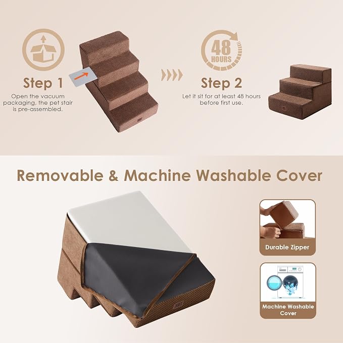 EHEYCIGA Dog Stairs for Small Dogs 13.5" H, 3-Step Dog Steps for Cats, Brown