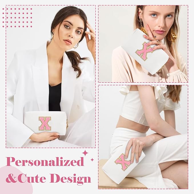Personalized Makeup Bag Initial A-Z Preppy Patch Bag,Small PU Leather Travel Cosmetic Bag Pouch with Zipper,White Cute Toiletry Bag,Gift Ideal for Teen Girls Women Birthday Friend Mom,Letter X