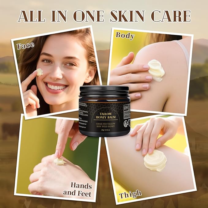 MEIDU Beef Tallow for Skin,Tallow and Honey Balm for Face,Raw Wild Honey Blend,Organic Grass-Fed Beef Tallow Balm,Face and Body Moisturizer(60g)