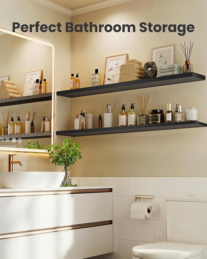 AMADA HOMEFURNISHING 47.2" L Floating Shelves, Wall Shelves Set of 3 for Bathroom/Living Room/Bedroom/Kitchen, Black Floating Shelves for Wall Decor with Invisible Brackets - AMFS55B